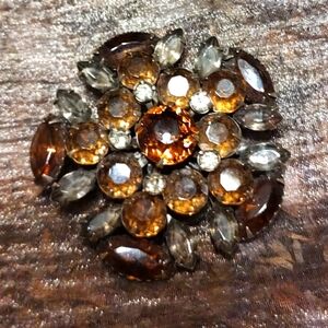 🍂🩶🍂 Lovely Vrg 50's Faux Smoky Topaz Grey Tourmaline and Citrine Gold Brooch